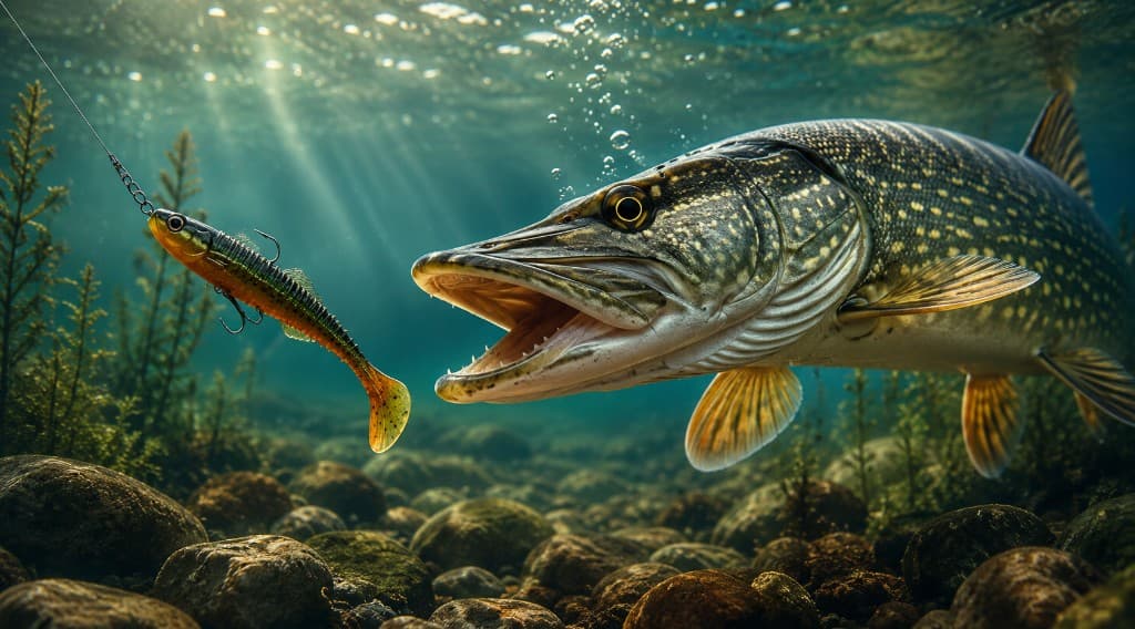 Brochet en train de attaquer un leurre sous l'eau
